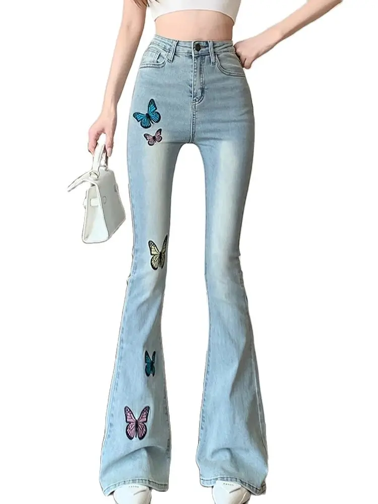 

Retro High Waist Elastic Denim Butterfly Embroidery Slim Fit Flare Pants 2024 Spring New Korean Fashion Women'S Clothing