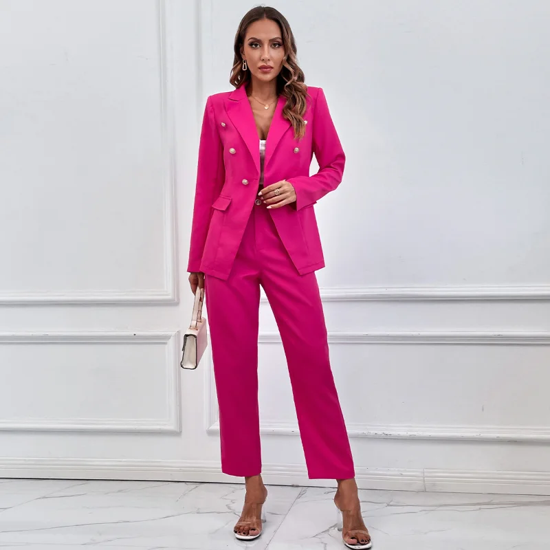 

Women's Suit Two Piece Set Office Lady Blazer Long Sleeve Ladies Outerwear High Waist Pants Y2k Fashion Hot Pink Matching Sets
