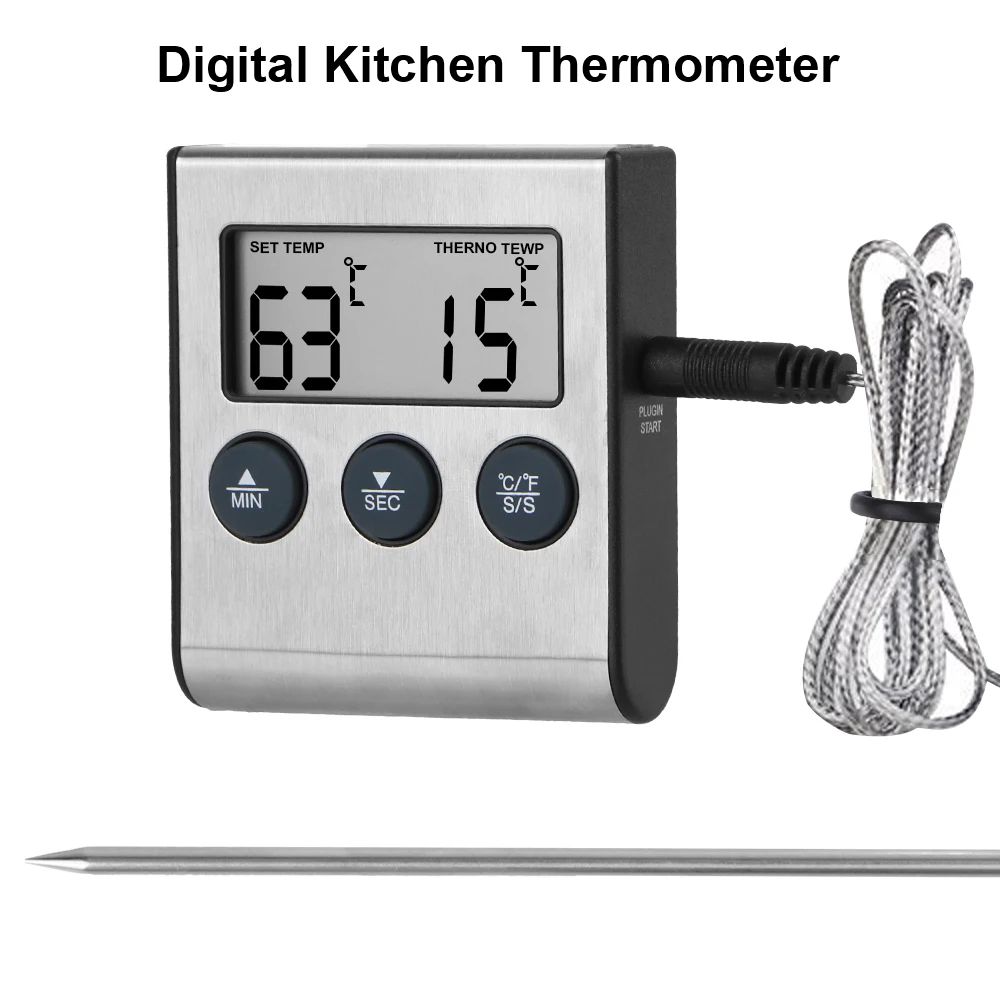 Digital BBQ Thermometer Probe Temperature Cooking Oven Meter Grill Timer Function New Meat Kitchen Food Stainless Steel 2