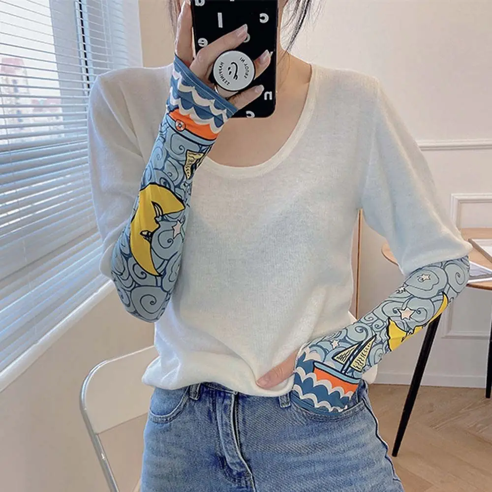 

Women Fashion Sun Protection Sports Cycling Gradient Color Arm Warmers Cartoon UV Protection Sleeves Sun Cool Sleeves