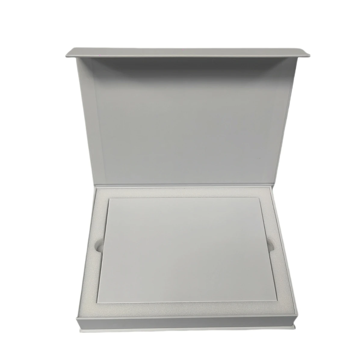 All white 7 inches hard cover video brochure with IPS screen 4G memory 2000mah battery magnet activation 5 buttons