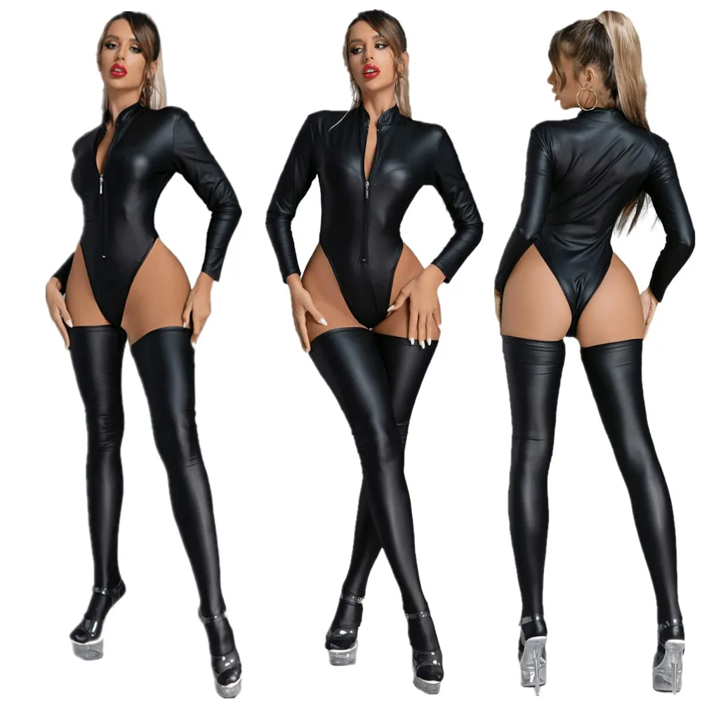 

Women Long Sleeve PU Faux Leather Latex Bodysuit + Stocking Sexy High Cut Lingerie Sexy Catsuit One Piece Thong Stage Wear