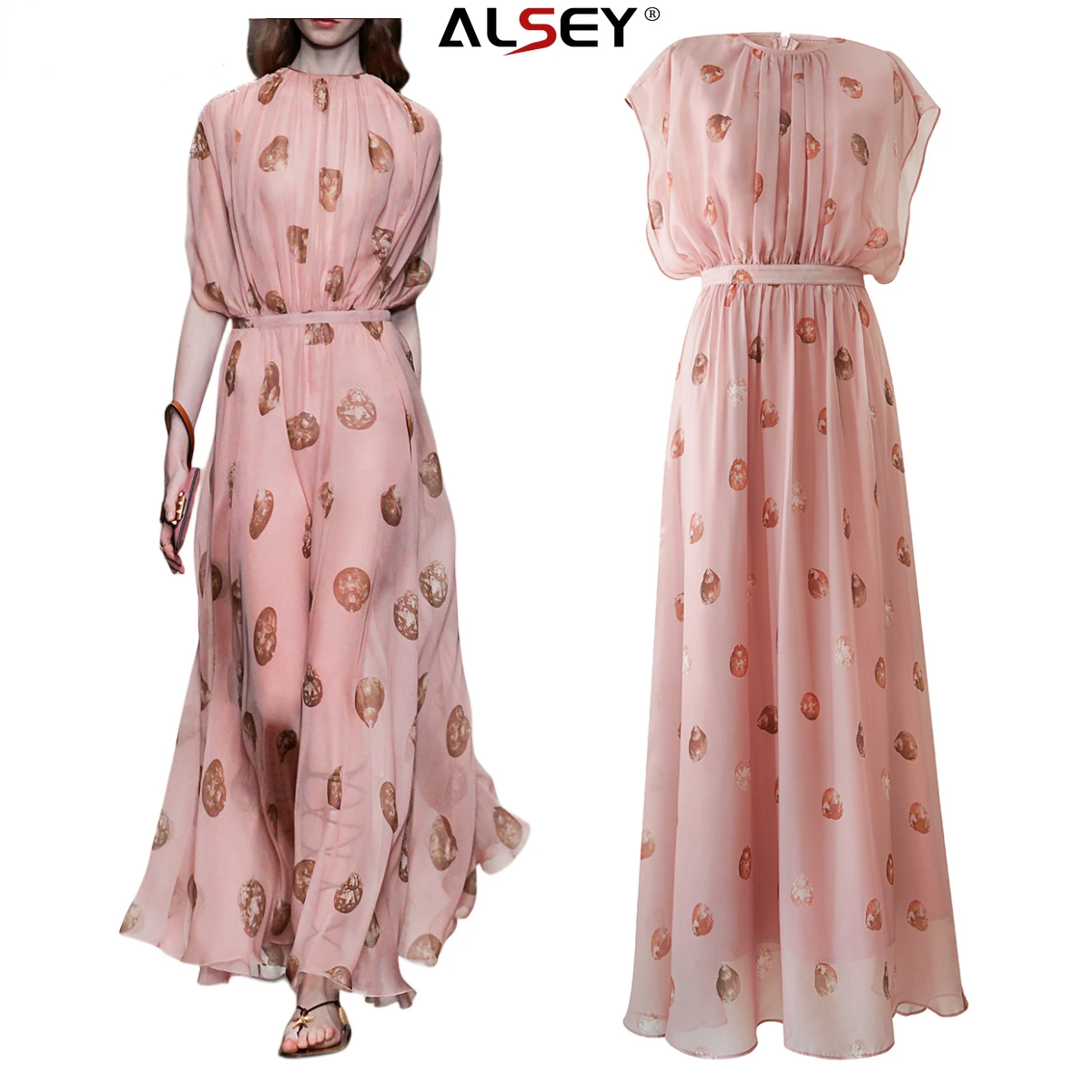 

ALSEY French Niche Women's Dresses Lotus Root Color Stunning Prints Swing Long Dress Waist Ankle Skirt Spring Summer 2023 New