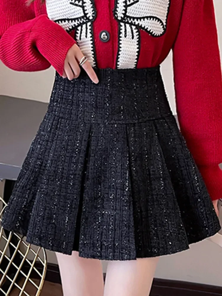 Black Tweed Mini Skirts Women High Waist Vintage Woolen Skirt Pleated Shorts Skirt Zipper Harajuku