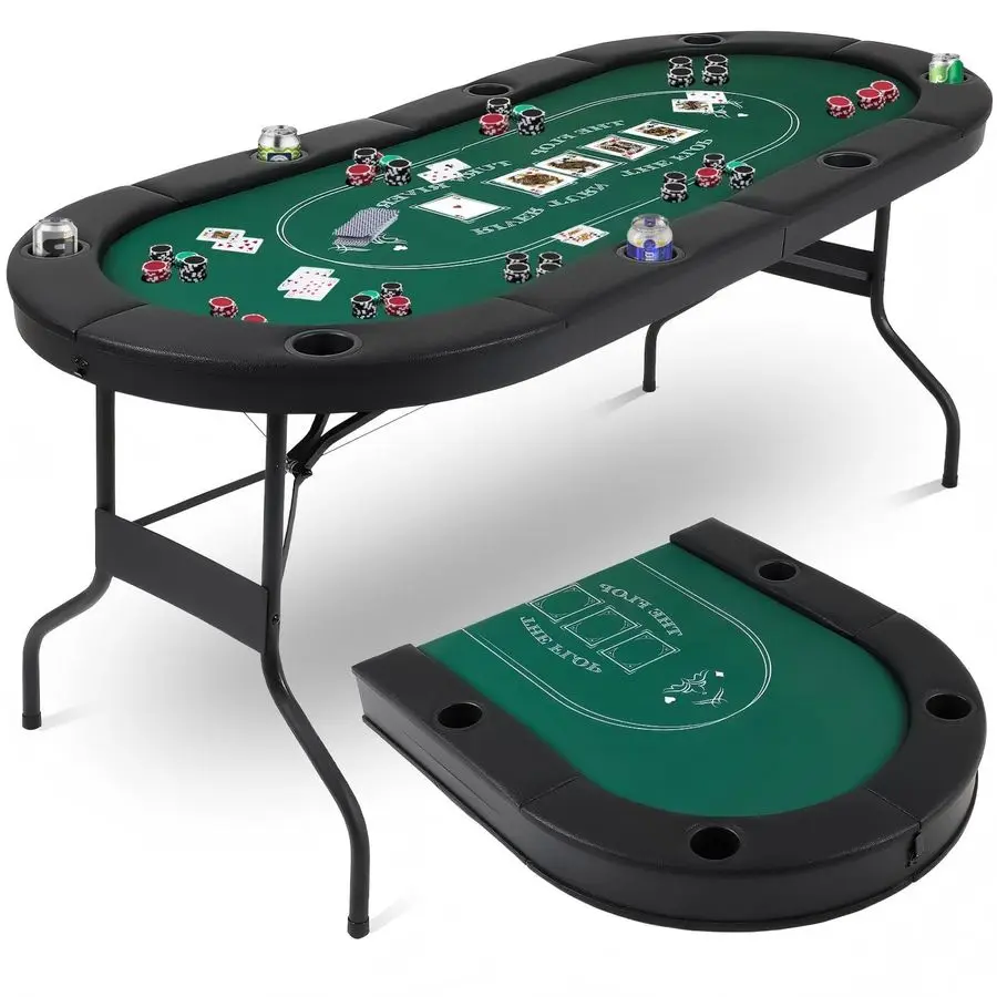 8 Player Poker Table Foldable, 72 Inch Texas Holdem Casino Table with Padded Rails and 8 Cup Holders, Portable Folding Game Tabl