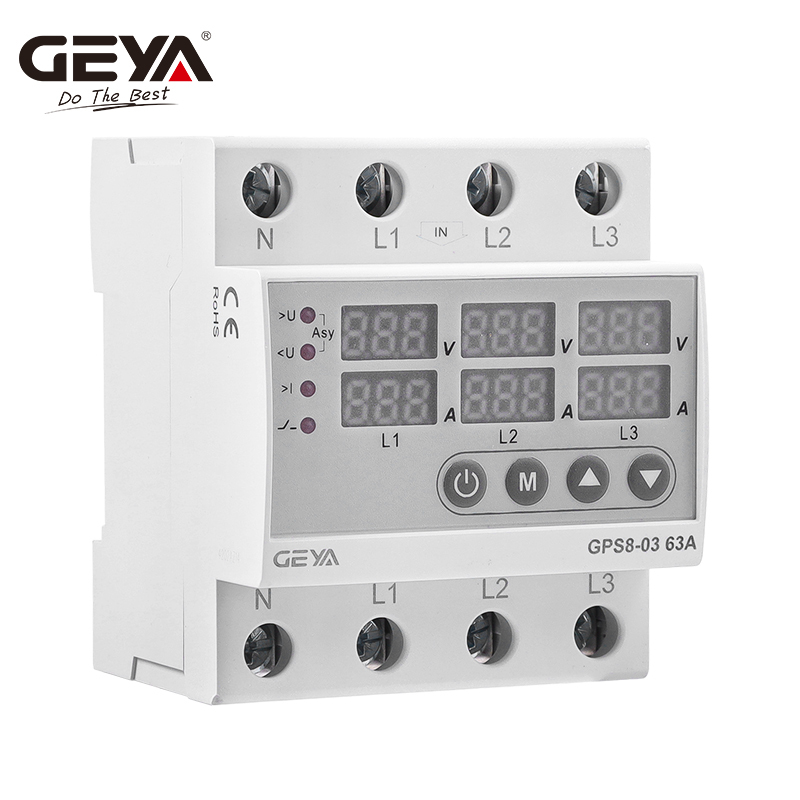 GEYA GPS8-03 Din Rail 3 Phase Voltage Relay 3P+N Over and Under Voltage Monitor Relays Protector Adjust Over Current 63A