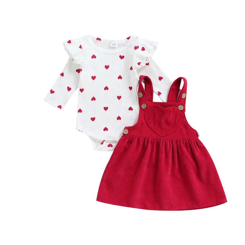 

Baby Girls Casual Sweet Outfits Heart Printing Long Sleeve Romper and Suspender Skirts Autumn Spring For Infant 0-18 Months