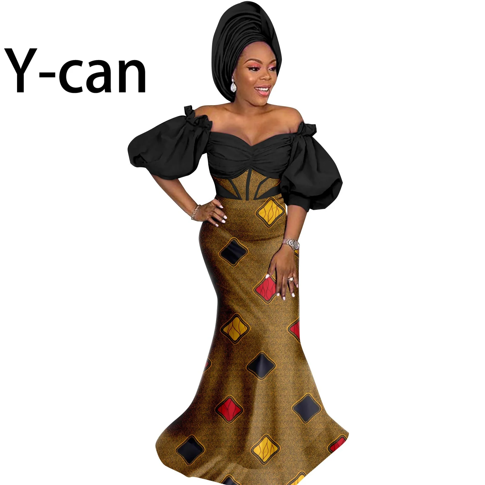 African Party Dresses for Women Dashiki Wax Print One Shoulder Ball Gown Match Headscarf Bazin Riche Lady Sexy Outfits Y2225041