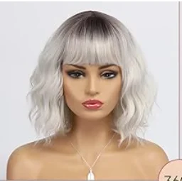 

BESTUNG Short White Silver Wigs for Women Ombre Grey Wavy Bob Wig with Bangs Medium Length Synthetic Hair Water Wave Dark Roots