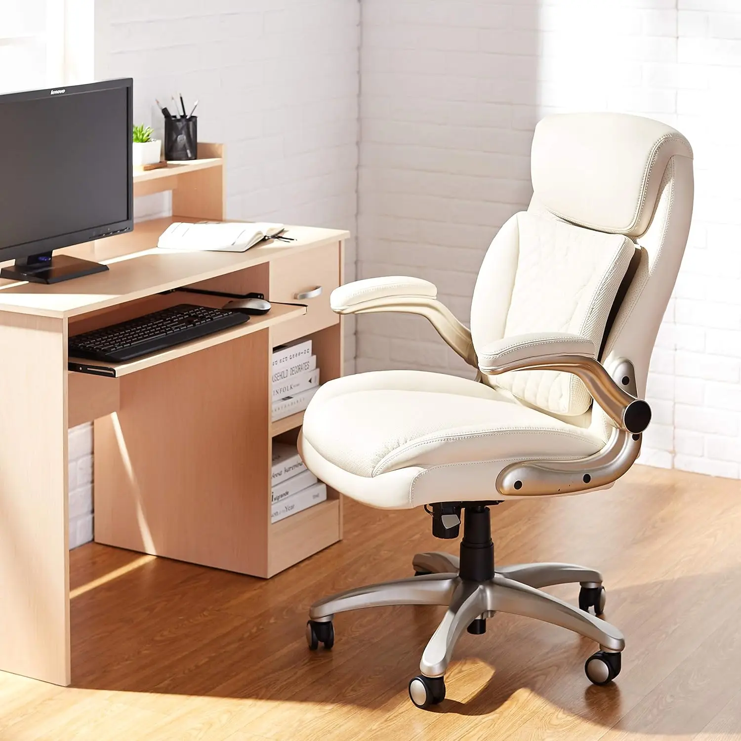 

Executive Office Desk Chair Home Comfy Computer Chair Flip-up Armrests Adjustable Height Tilt and Lumbar Support Cream