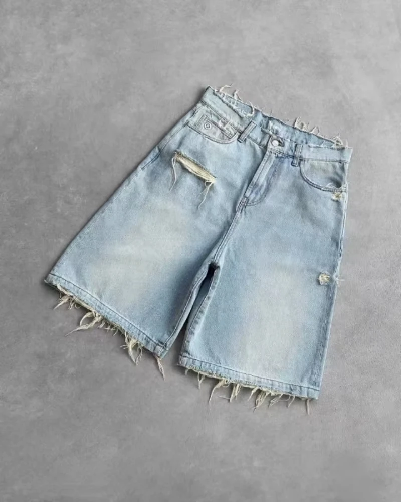 Summer American Embroidered Casual Denim Shorts Men High Street Vintage Hip Hop Popular Casual Couple Shorts