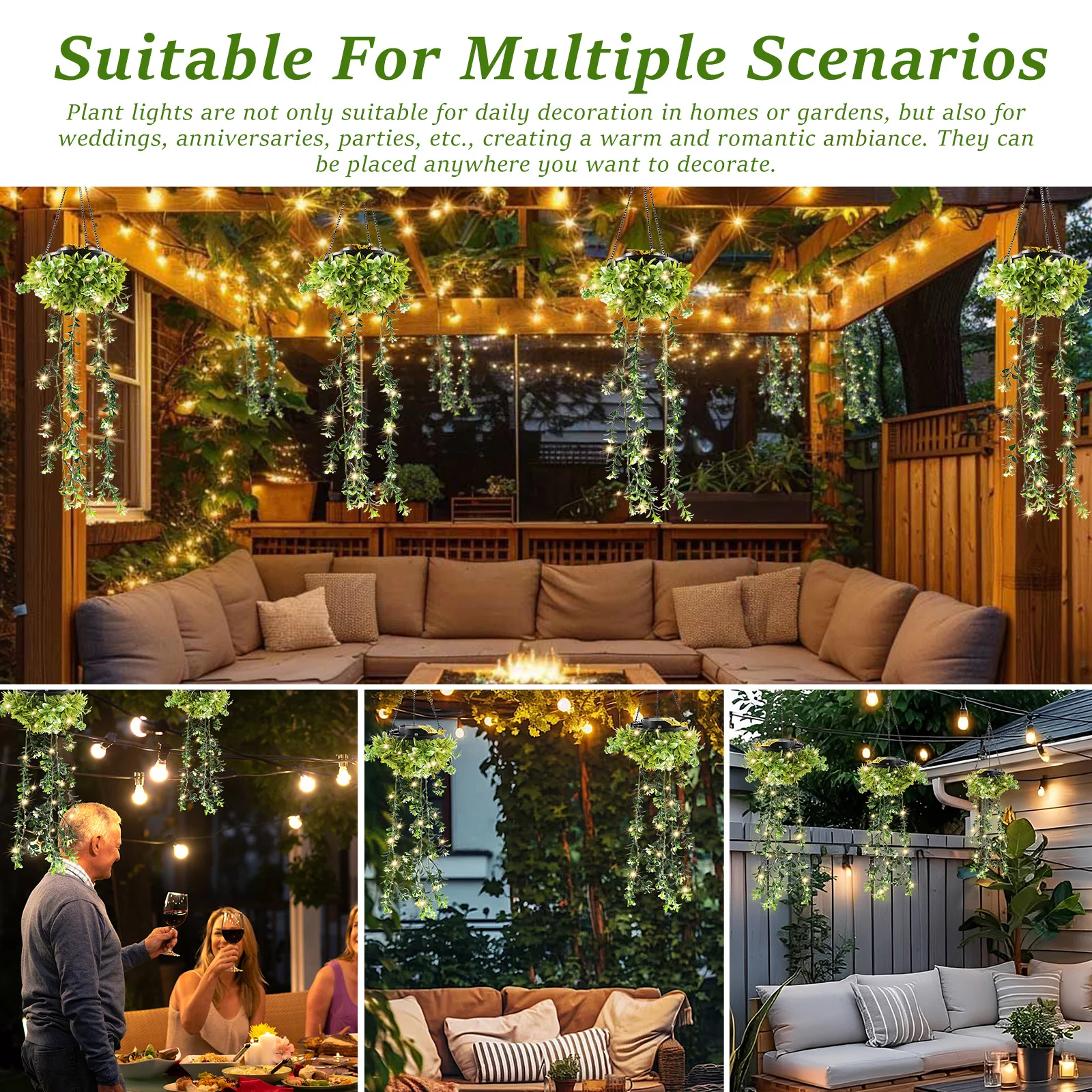 2Pcs Artificial Plant Solar Light IP65 Waterproof Faux Hanging Plant Patio Light with Hook for Outdoor Yard Garden Decoration