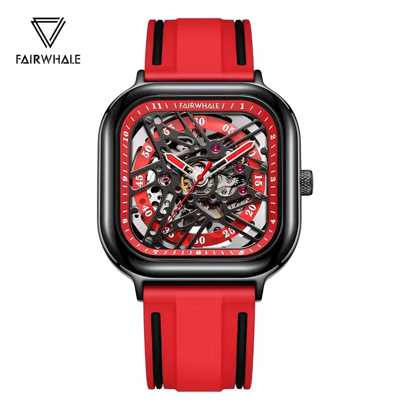 

Fashion Brand Mark Fairwhale Automatic Men Watch Unique Rectangle Hollow Machinery Water Resistant Silicone Strap Man Clock 2023