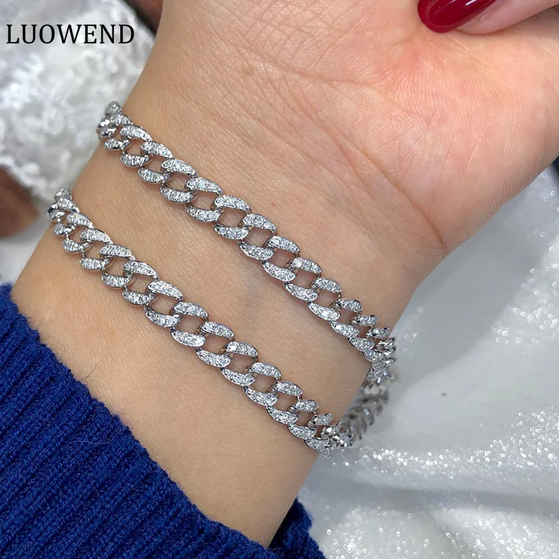 

LUOWEND 18K White Gold Bracelet 1.3carat Real Natural Diamond Bracelet for Women Senior Banquet Fashion Cuban Chain Design