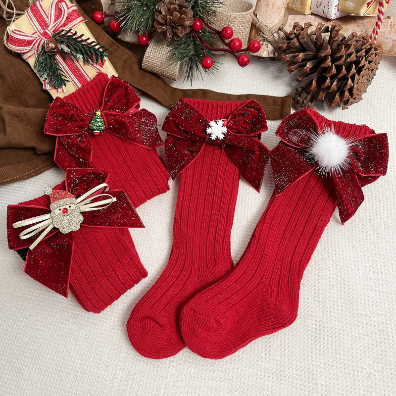 

Winter Baby Girls Boys Christmas Socks Kids Knee High Sock Woolen Leg Warmers Children Soft Cotton Red Long Socks For 0-5Years