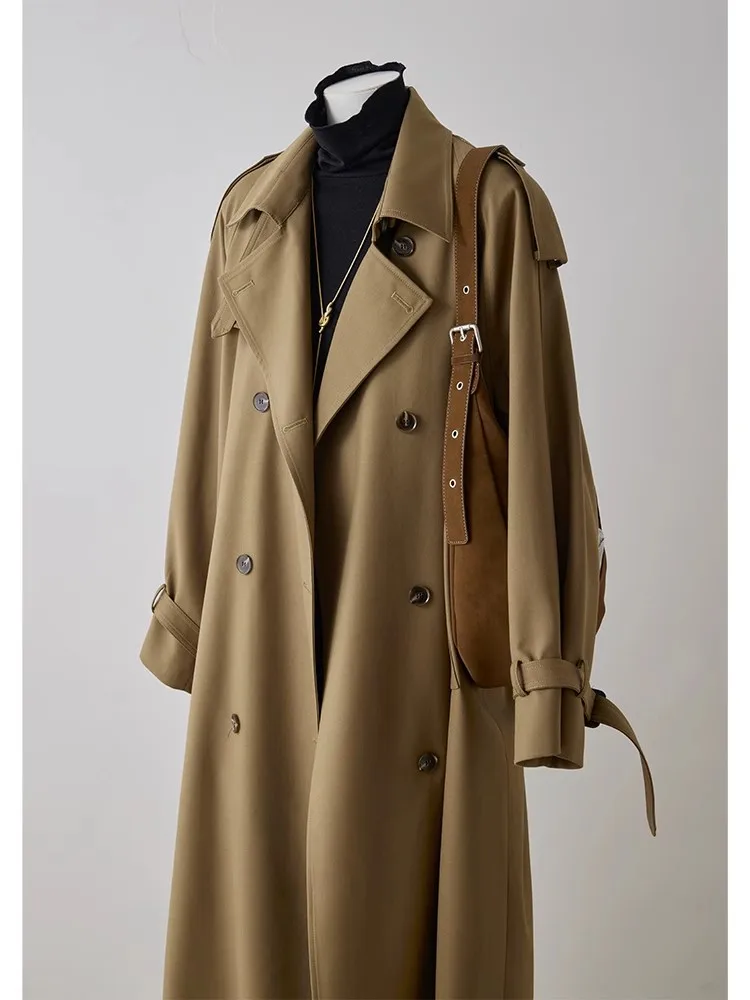 Lautaro Spring Autumn Oversized Khaki Long Trench Coat for Women Double Breasted Loose Casual Black Korean Fashion Overcoat 2025 4