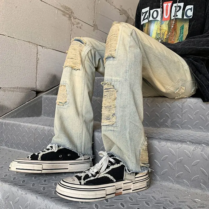 men's summer American high street slim fit distressed micro flared pants versatile casual pants cargo pants  ripped jeans