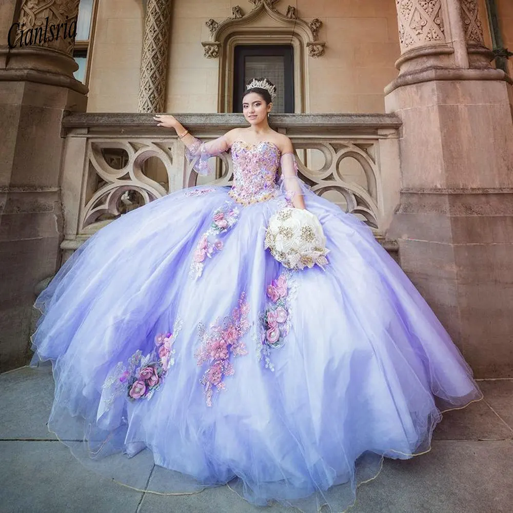 

Light Purple Sweetheart Three Quarter Sleeve 3D Flowers Ball Gown Quinceanera Dresses Appliques Pearls Sweet 15 Prom Party Dress