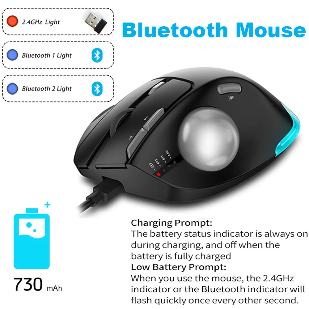 Lefon-mouse Ergonômico Bluetooth sem Fio Rollerball Mice Recarregável para Computador pc Desenho de Escritório 2.4g F33 Trackball - Imagem 4