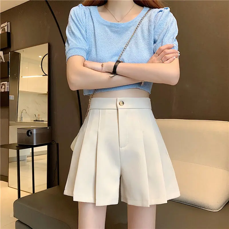 ladies clothes 2022 Women's Summer Fashion High Waist Pleated Shorts Female Casual Loose Wide-leg Shorts Ladies Solid Color Suit Shorts S37 plus size womens clothing