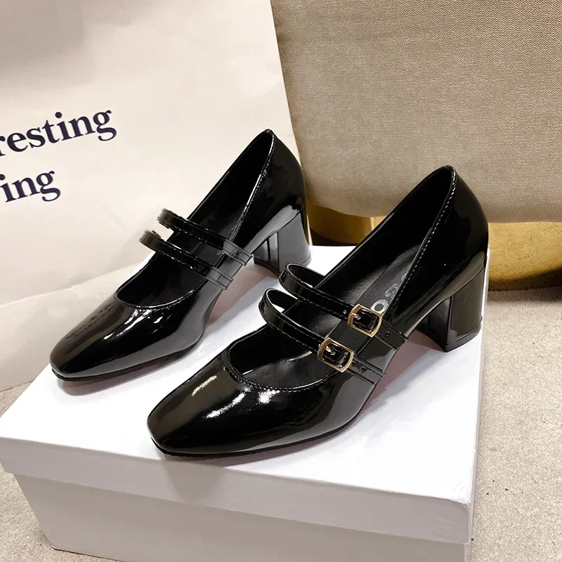 2024 Spring Autumn Women Double Buckle Mary Janes Shoes Patent Leather Dress Square Head Square Heel Solid Color Women's Shoes