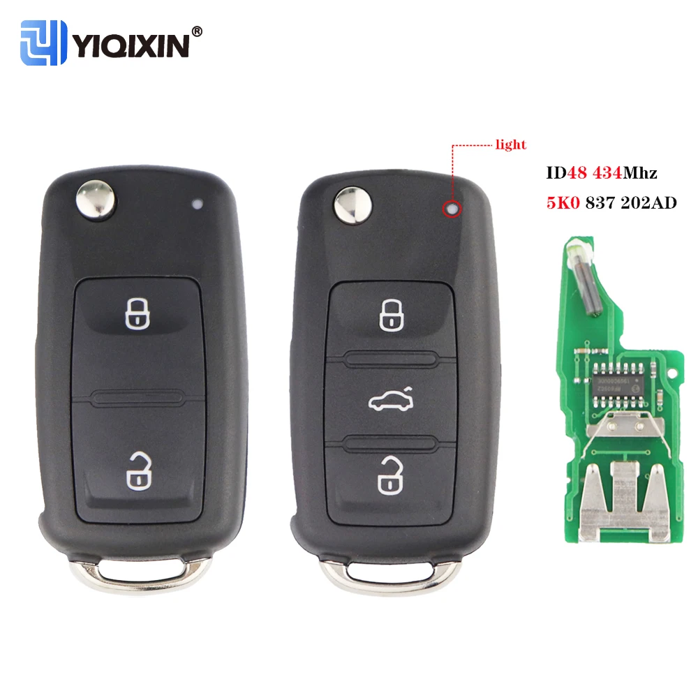 

YIQIXIN 434Mhz 2/3 Buttons Flip Smart Remote For Volkswagen VW Beetle Caddy Eos Golf Jetta Polo Scirocco 5K0 837 202AD ID48 Chip