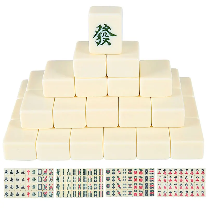 Chinese Mahjong Game Set 144 White Engraved Mini Tiles for Family Gathering Pocket Portable Mini Travel Mahjong Outdoors