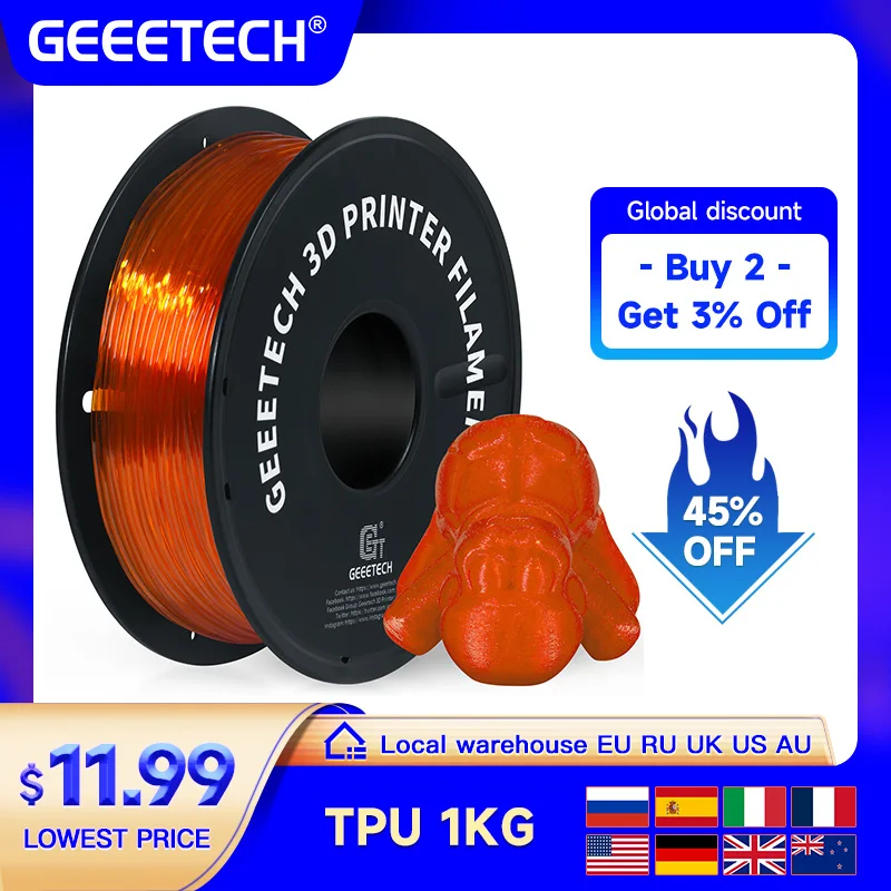 Geeetech-tpu 3d Printer Material Flexível Filamento Embalagens de Plástico a Vácuo Não-tóxico Seguro Alta Qualidade 1kg 2.2lbs Spool 175 mm