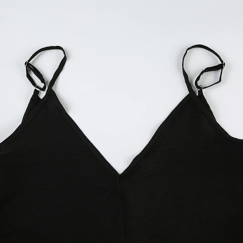 Monos bohemios negros informales holgados con cuello en V sin mangas para mujer, monos de pierna ancha con espalda descubierta y tirantes finos para vacaciones.