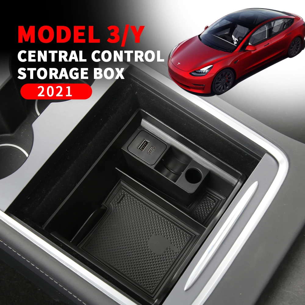 

For Tesla Model 3 Y 2021 ABS Flocking Car Central Control Storage Box Armrest Cup Holder Organizer Auto Interior Accessories