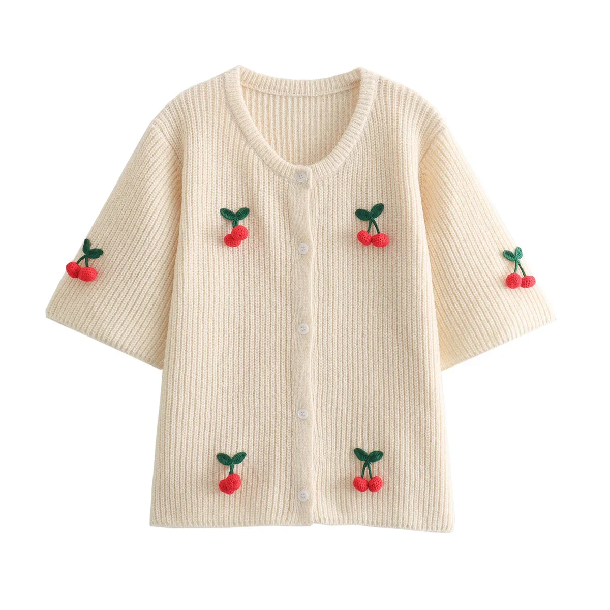 

Women's 2024 New Fashion Cherry Decoration Loose O-neck Knitted Coat Retro Short Sleeve Button up Women's Coat Chic Top