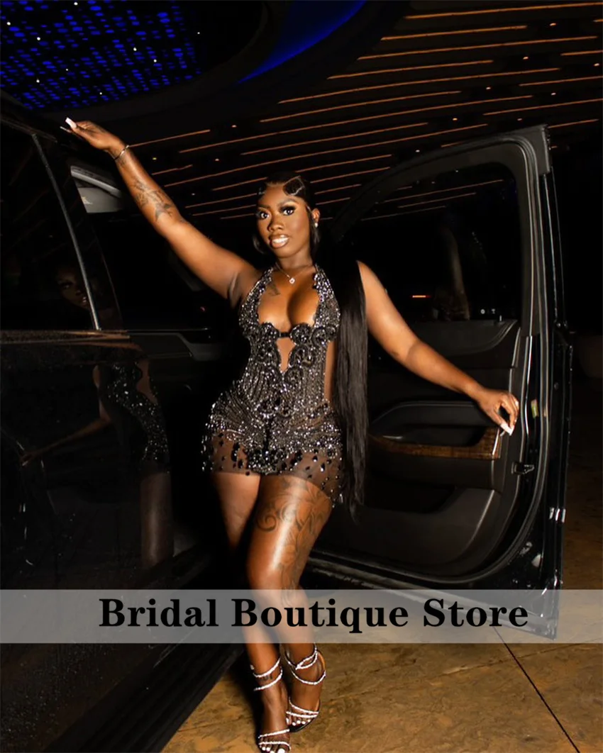 Sexy Black Short Prom Dress For Black Girls Cocktail Dress Bead Diamonds Crystals Halter Birthday Customized