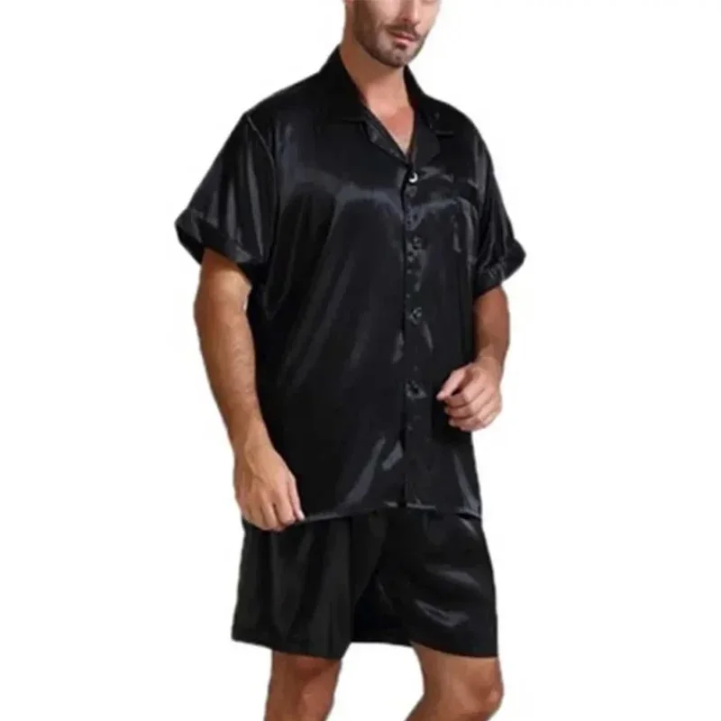 Men‘s Pajamas Summer Lced Silk Solid Color Homewear Set Short Sleeve Shirt Shorts Pajamas 2-piece Set Black White Red S-3XL