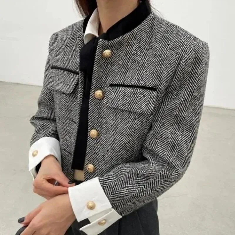 Deeptown Korean Fashion Short Tweed Jacket Women Vintage Chic and Elegant Cropped Jackets Aesthetic Old Money Style Streetwear