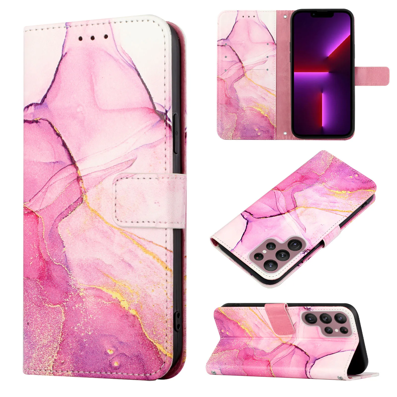 Luxury Marble Leather Crossbody Book Case with 3 Card Holder & Wrist Rope Wallet Cover