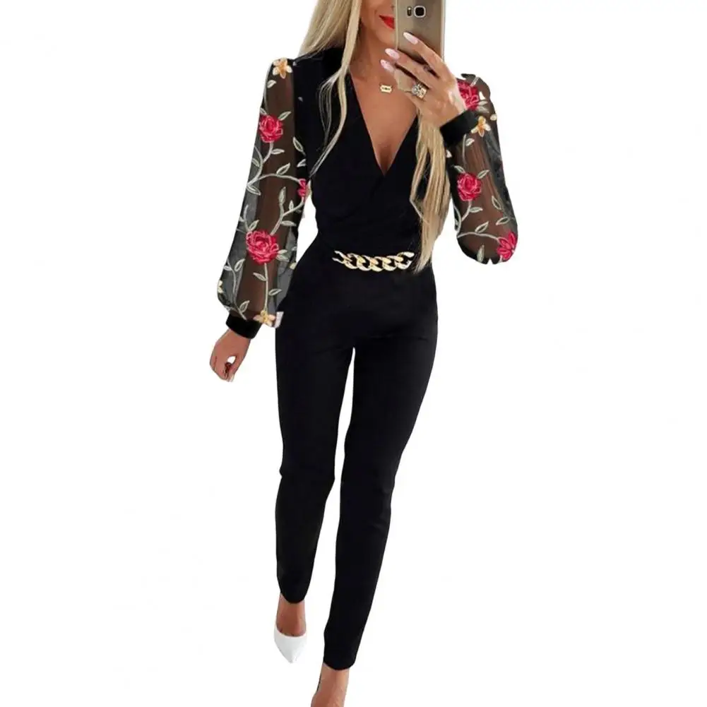 

Женский комбинезон, прозрачный сетчатый Облегающий комбинезон с V-образным вырезом и высокой талией, с украшением в виде цепей, для деловых встреч