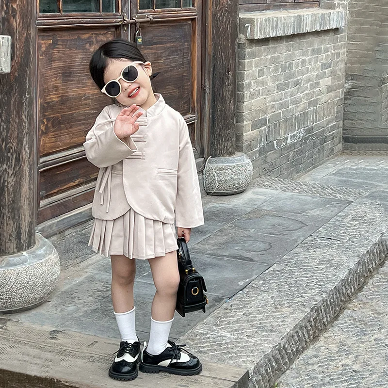 

Girls' Chinoiserie suit 2023 autumn new girls' retro button up stand collar top pleated skirt suit clothes baby girl clothes