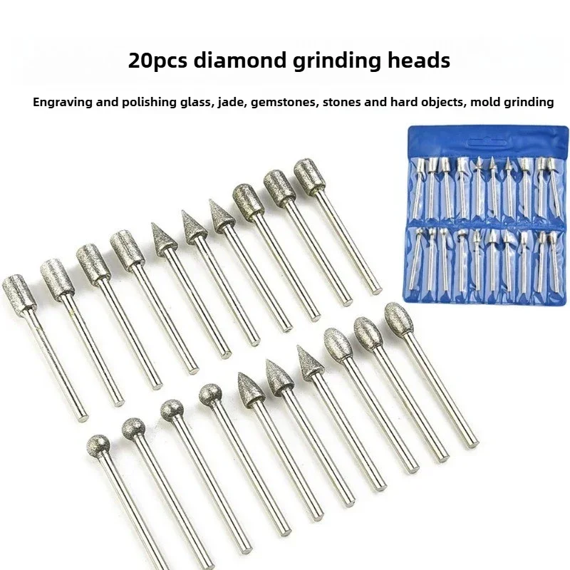 20pcs 3mm Diamond Grinding Heads Mini Bit For Rotary Drill Tool Burrs Grinding Accessories Shank Tools Kit Abrasive Tool
