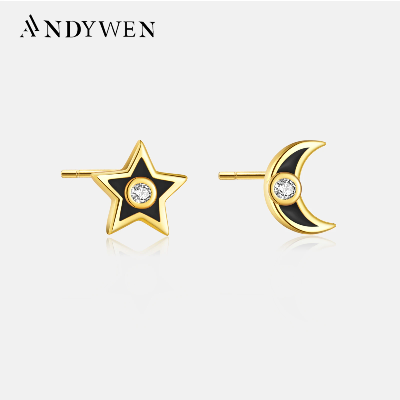 

ANDYWEN 925 Sterling Silver Gold Moon Star Zircon Stud Earring Piercing Clips Women Luxury Jewelry Wedding Crystal Jewels