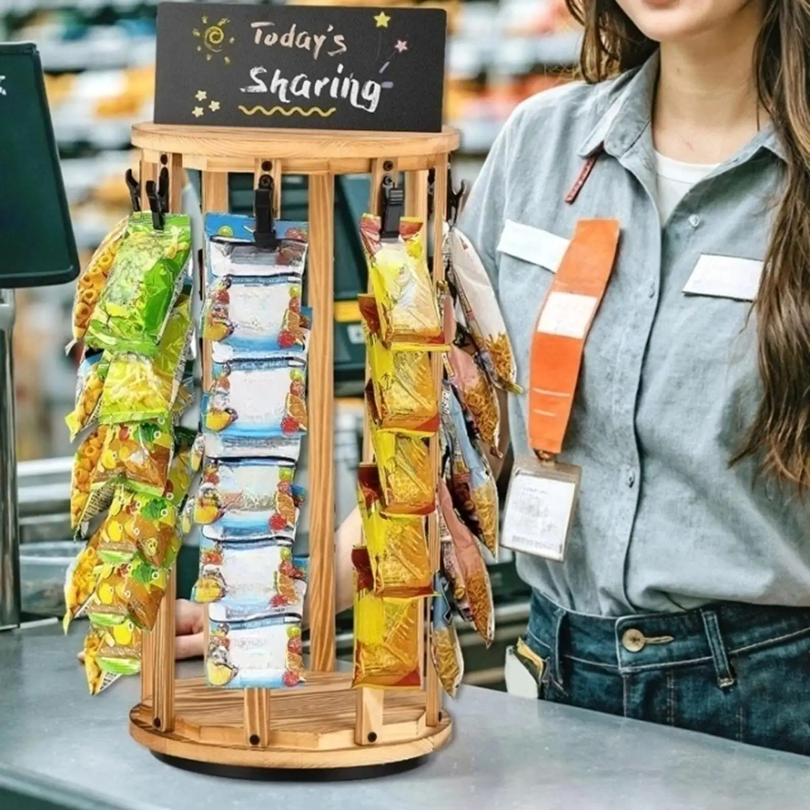 Chip Rack Display Stand 360° Rotating 40 Clips Candy Display Wooden Base 5 Tiers Snack Organizer for Party Office Desk Pantry 3