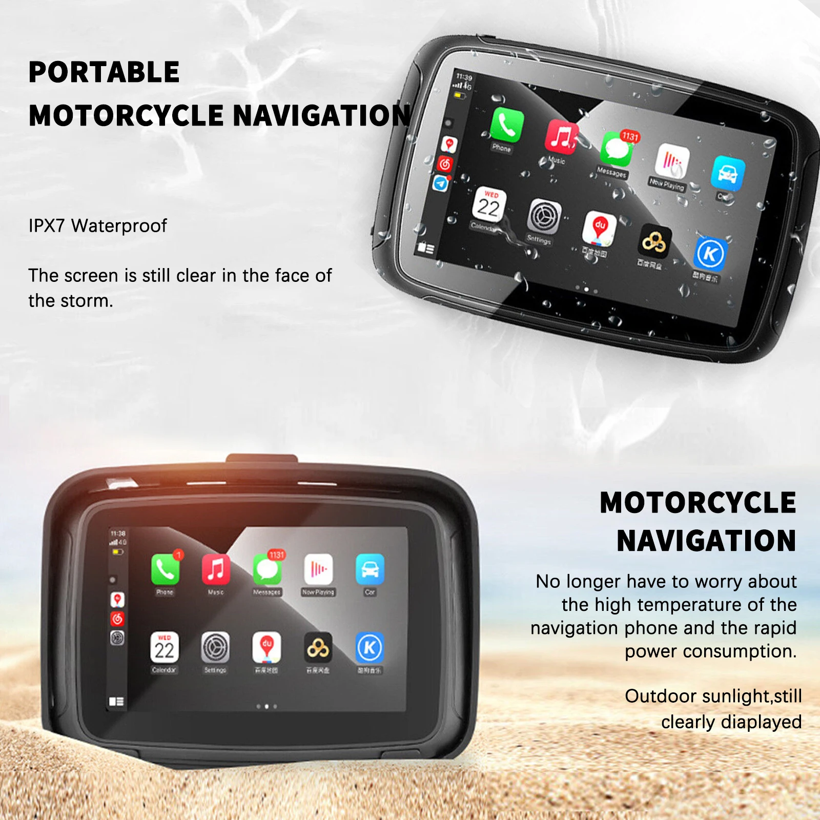 5 IPS Touch Screen Portable Motorcycle Navigator Wireless CarPlay  Waterproof