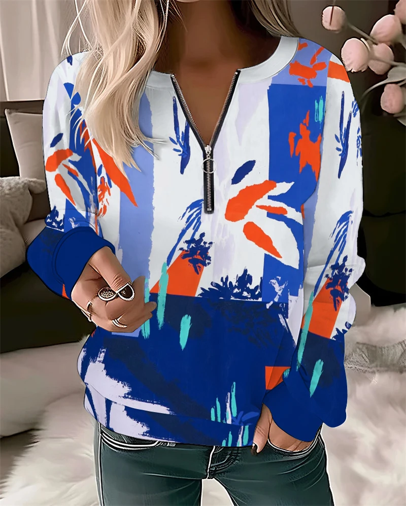 

Round necked zippered women's thin pullover 3D abstract floral print trend versatile street style sportswear new women's top