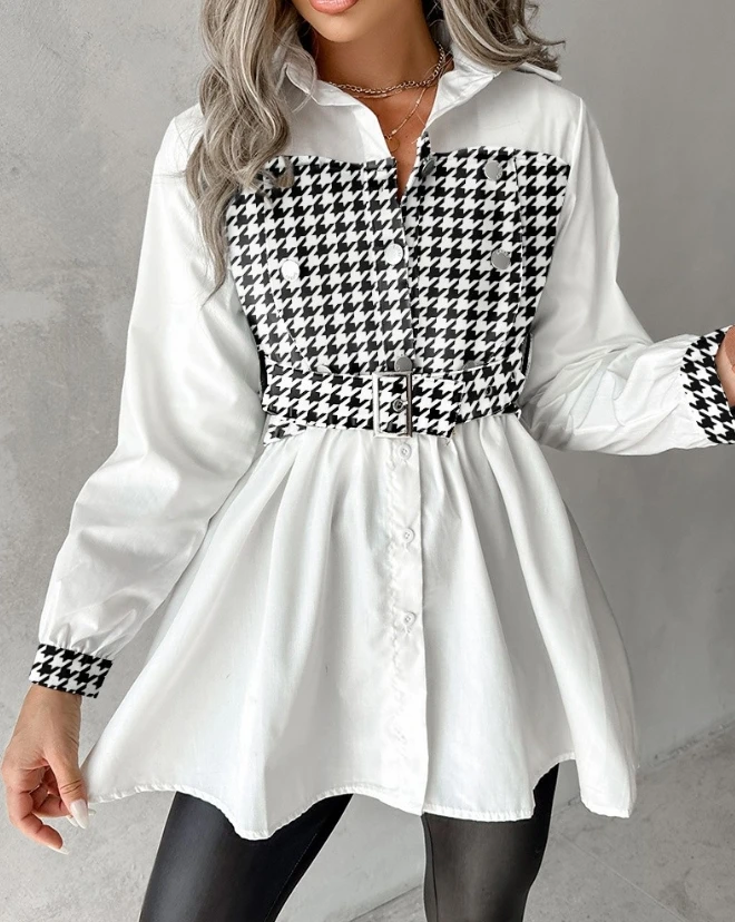 

Houndstooth Print Patchwork Belted Ruched Women Top Temperament Commuting Women's Fashion Long Sleeve Casual T-Shirts