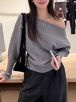 Batwing Long sleeve Knitted Pullover Women 380g Thick Off shoulder Top Korean Fashion Sweater Loose Casual Autumn Outwear Pull