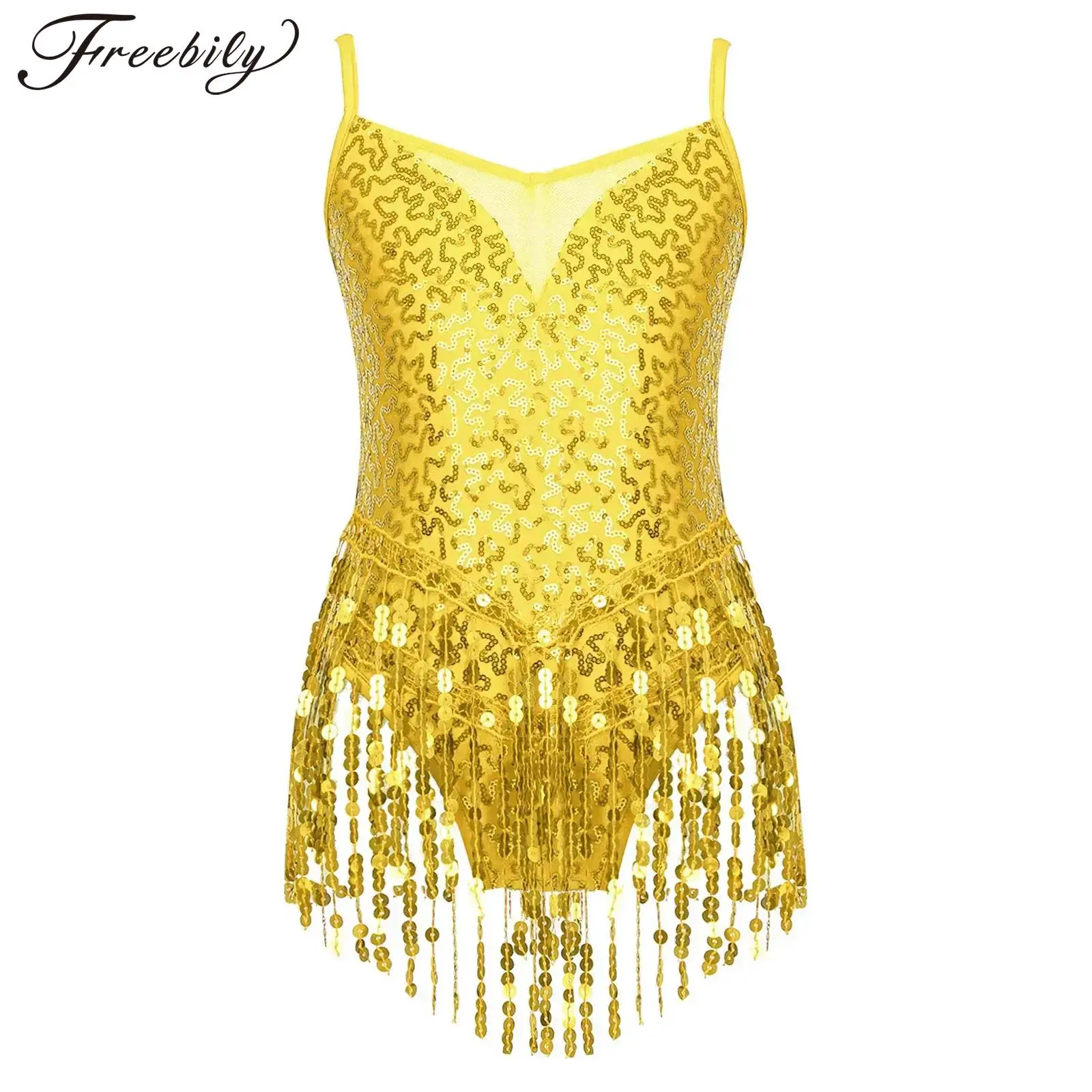 

Kids Girls Latin Dance Jumpsuit Sleeveless Shiny Sequins Tassel Hem Ballet Dance Leotards Figure Skating Gymnastics Leotards