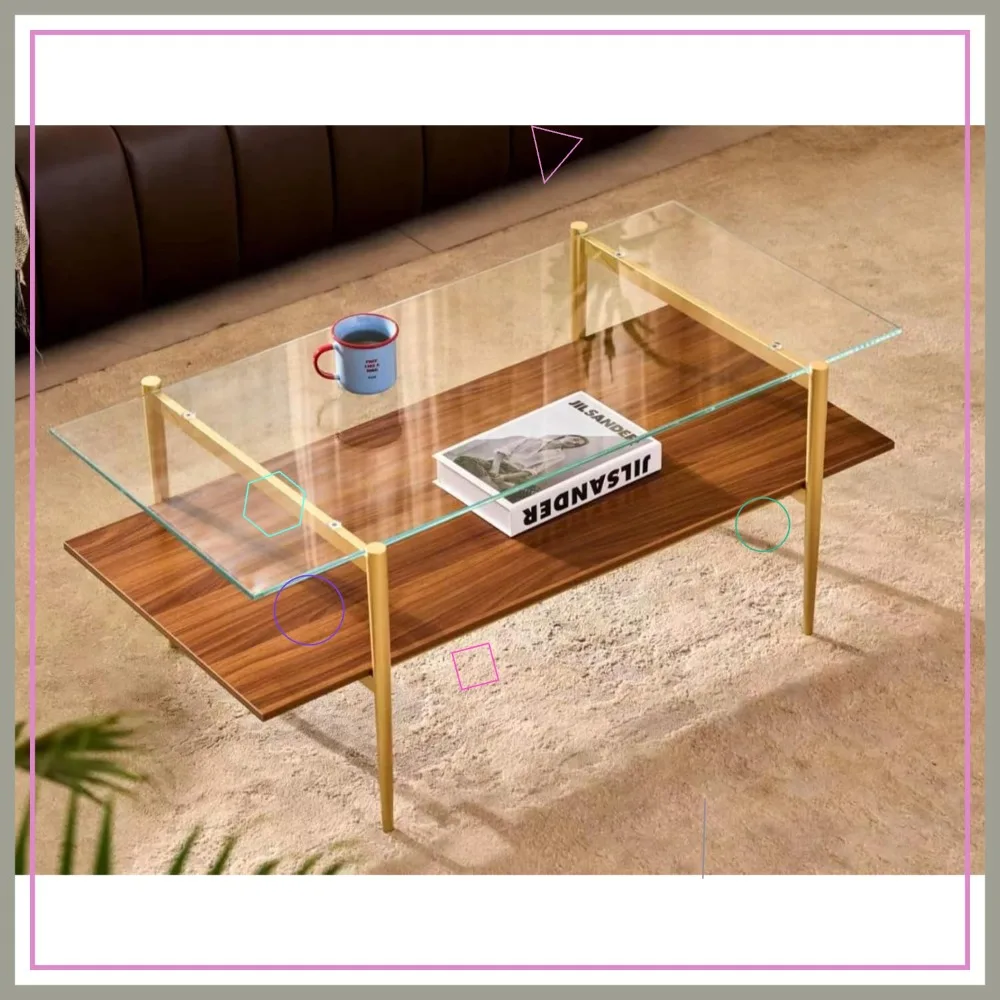 Mid-Century Modern Coffee Table, Clear Glass Top, Gold Metal Legs, 2-Tier Walnut Shelf, 41"D x 21"W x 17"H