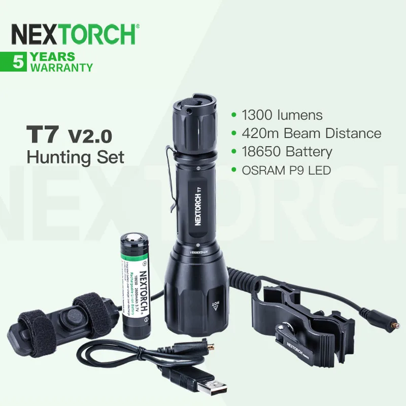 

Nextorch T7 V2.0 Flashlight Hunting Set with Scope Mount & Remote Switch,USB Rechargeable 18650 Battery, 1300 Lumen, 420m Range