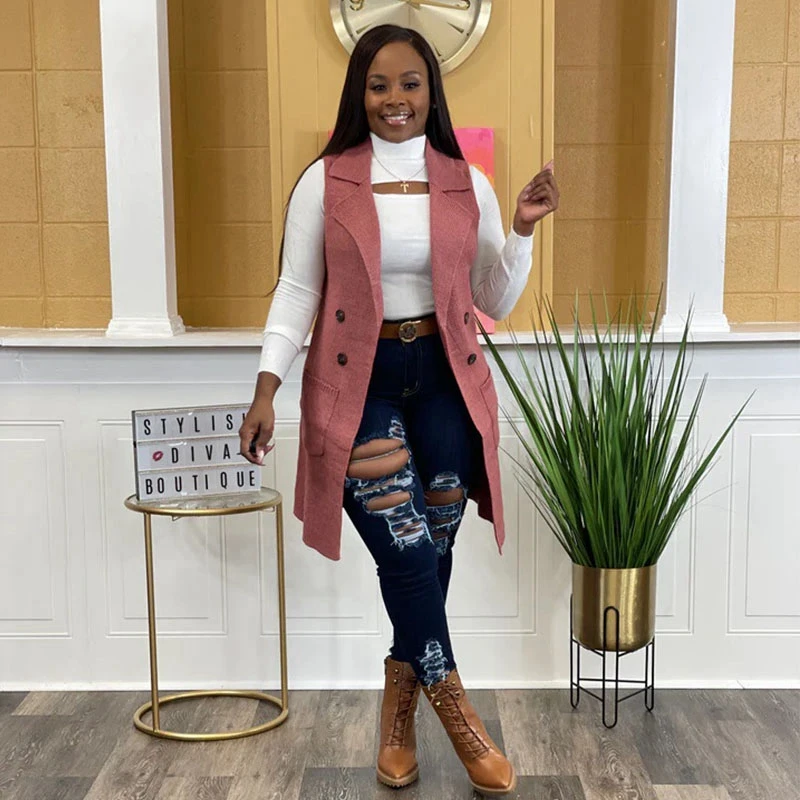 Women Solid Knitted Rib Sleeveless Vest Double Breasted Notched Neck Oversized Sweater Cardigan Vest Casual Outwear Trench