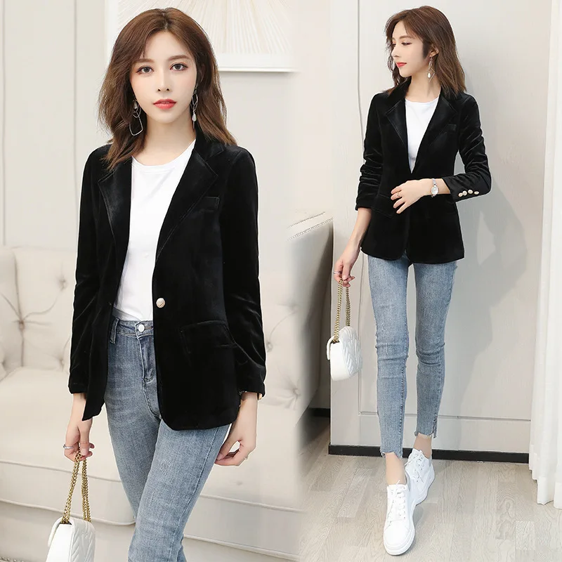 New Spring Fashion Women Midnight Navy Slim Velvet Blazer Office Lady Single Button Suit Jacket Coat Casual Clothing Party Gift