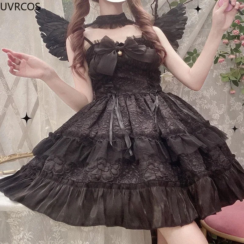 Dark Gothic Lolita Jsk Dress Women Harajuku Kawaii Bow Lace Bandage Princess Slip Dresses Girl Sweet Cute Y2k Party Mini Vestido lolita dress lolita suspender dress lolita cosplay costumes suspender dress